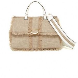 Cynthia Rowley Hudson Satchel tan linen canvas with fringe and strap